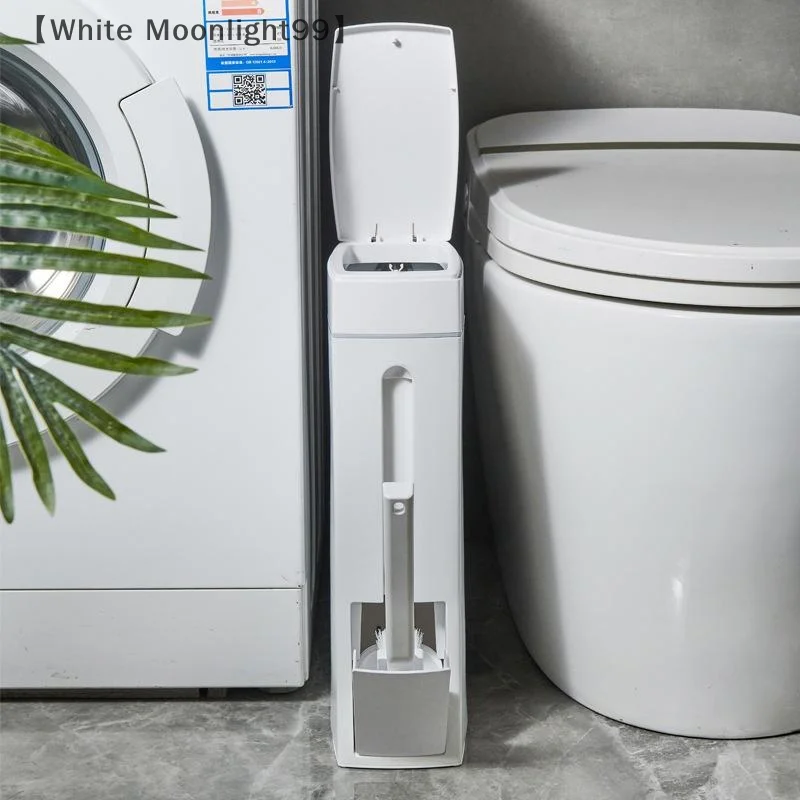〔White〕Space Saving Press Trash Can With Built In Toilet Brush Holder Durable Plastic Modern Minimalist Design For  Bathroom