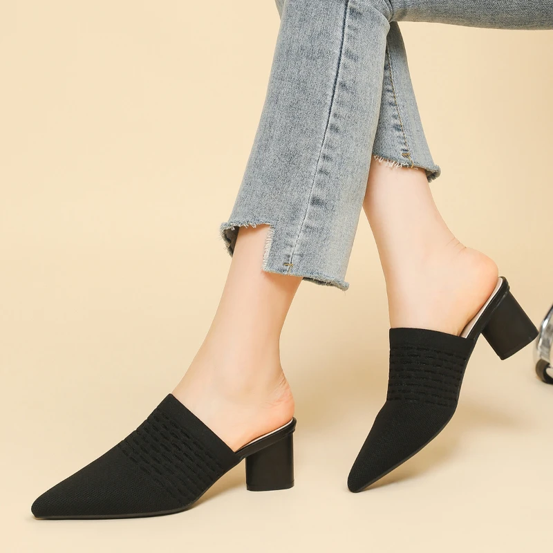 

Pointed Toe Mule Sandals Knit Fabric Hollow Out Fishnet Breathable Block Heel Slip On Backless High Heels Casual Summer Shoes