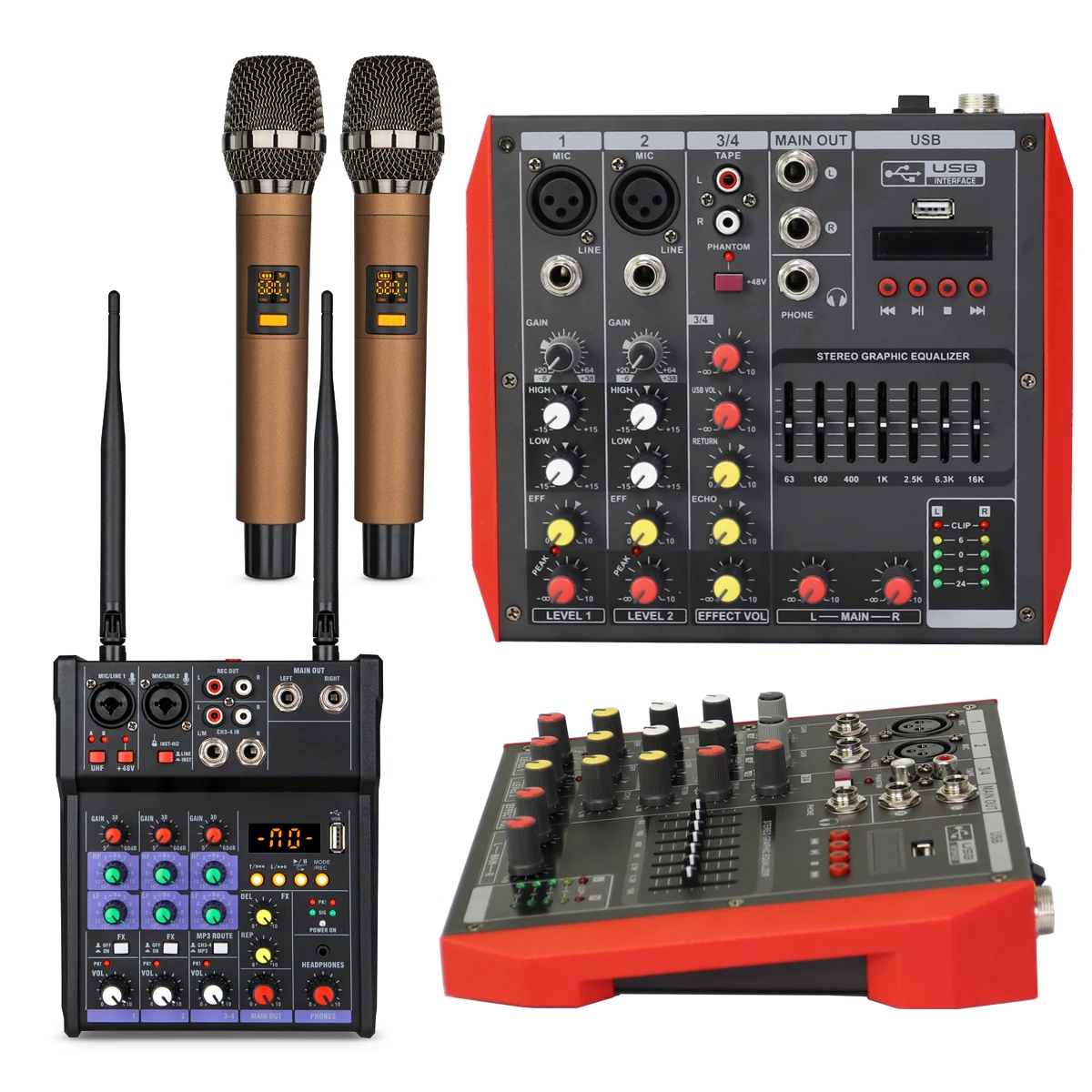 

Professional 4 8 Channel Mixer Wireless Microphone System 2 Handheld Lapel Sound Mixing DJ Console Two-in-one Function MiCWL