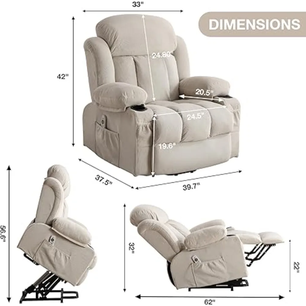 Power Lift Recliner Chair with Heat and Massage Electric Fabric Recliner Chair for Elderly with Side Pocket, USB Charge Port