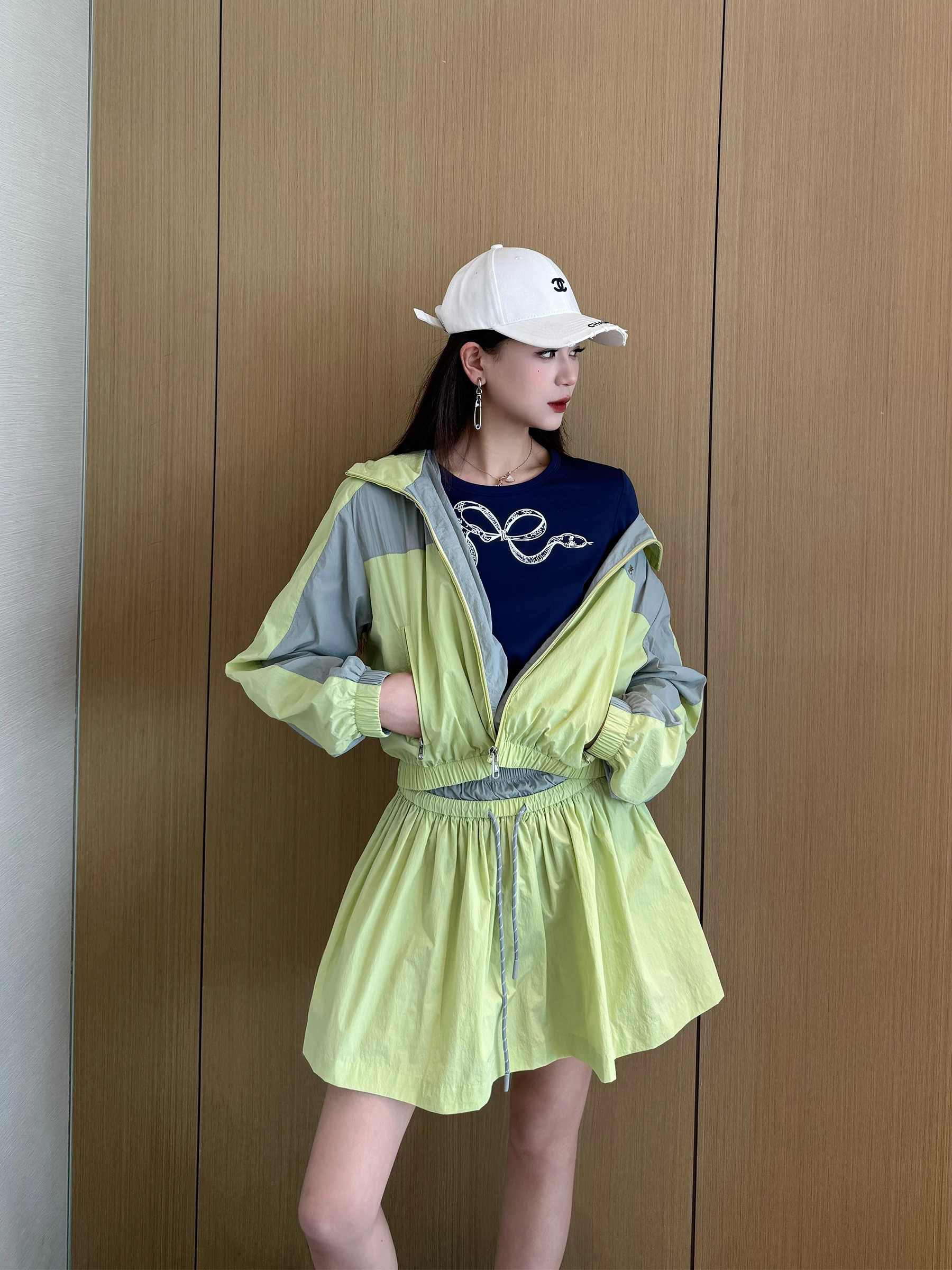 NancyCavally 5D Nylon Sportswear Set with ort Skirt And Jaet Contrast Color Design for Women Spring Autumn Faion