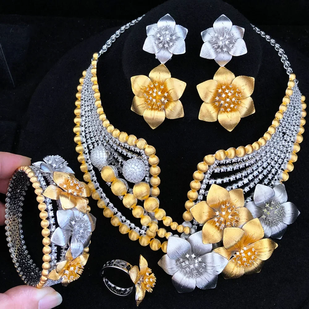 Luxury 4PCS Big Bold Flowers African Nigerian Jewelry Set For Women Wedding Party Zirconia Indian Dubai Bridal Accessory