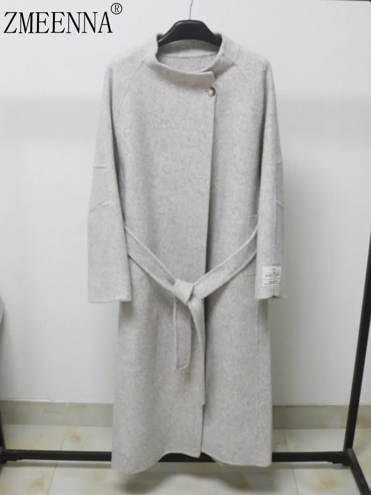 

ZMEENNA Womens Light Gray Wool Blend Long Coat Stand Collar Single Button Warm Overcoat With Tie Waist Belt Minimalist ZM4296