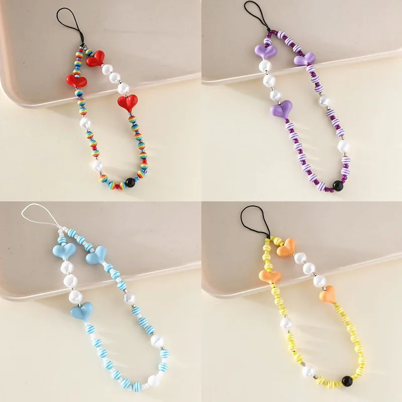 Acryl Liebe Perle Charme Telefon Kette Hängenden Seil Schmuck für frauen Mode Gestreiften Perle Telefon Fall Seil Zubehör