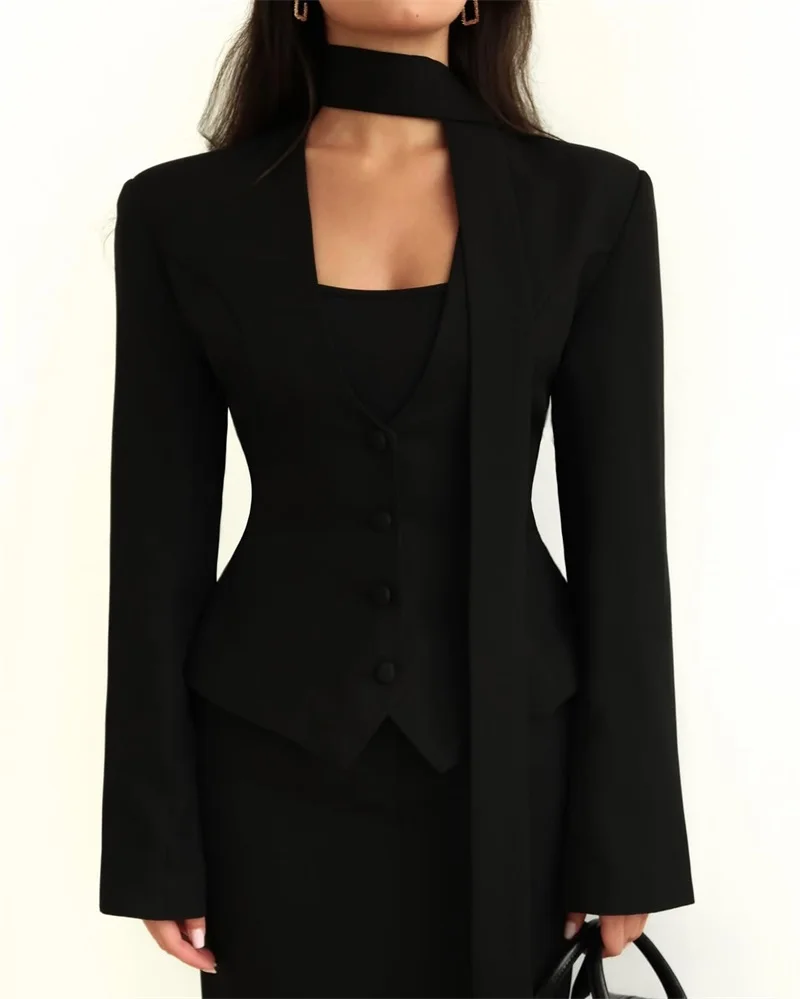 

Elegant Black V-Neck Blazer with Tie Detail Women's Fashion Office Blazer Chic Long Sleeve Formal Jacket for Women 2025 Trendy