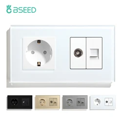 BSEED Wall Socket TV PC With EU Standard Socket Crystal Glass Panel White EU Standard Home Improvement