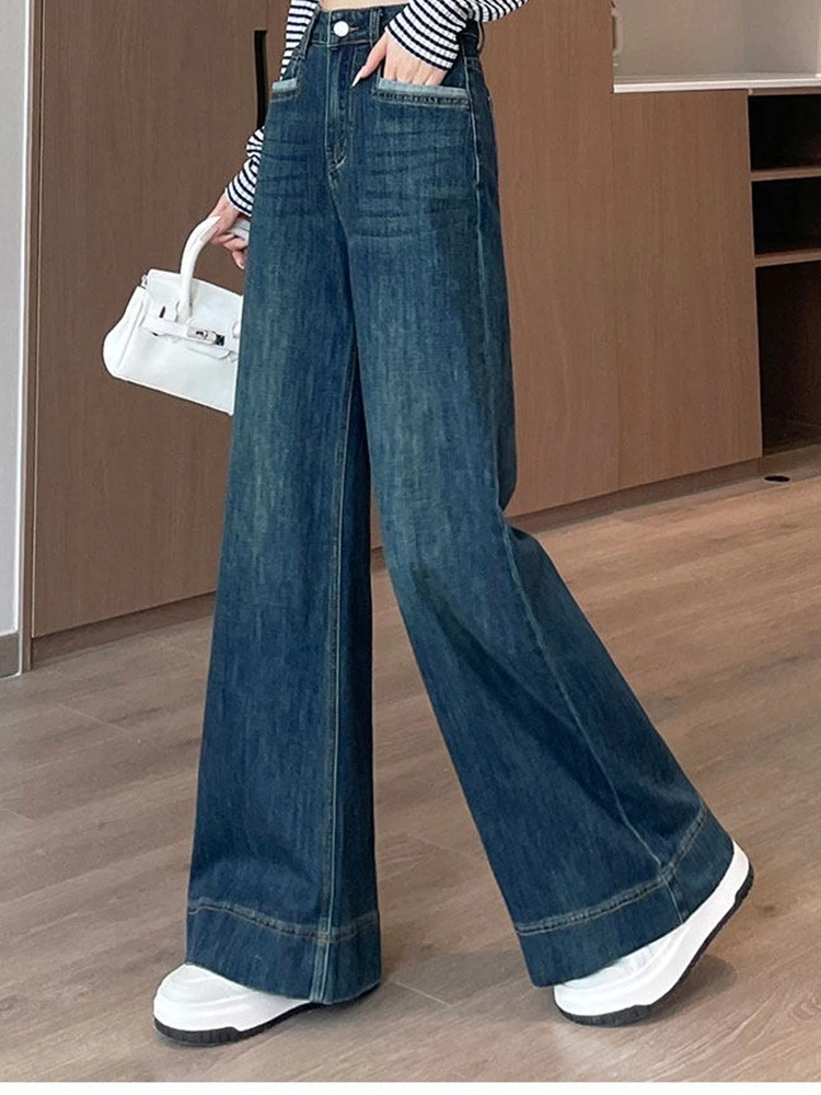 

Широкие джинсы женские, осень 2021, новинка, универсальные брюки А-силуэта с высокой талией, расклешенные прямые брюки длиной до пола