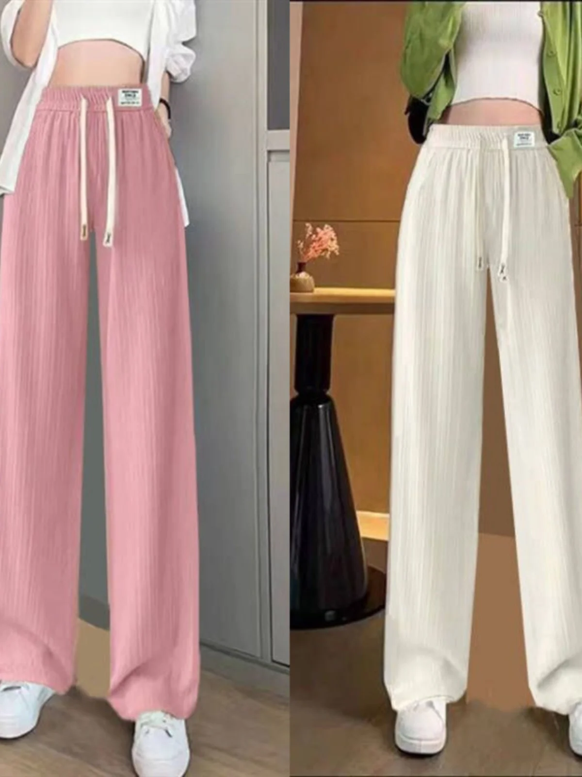 Quali Eisseide-Hose mit weitem Bein für Damen, Sommer, dünn, elastisch, lässig, gerade, koreanische SLE-Hose mit Kette, hohe Taille