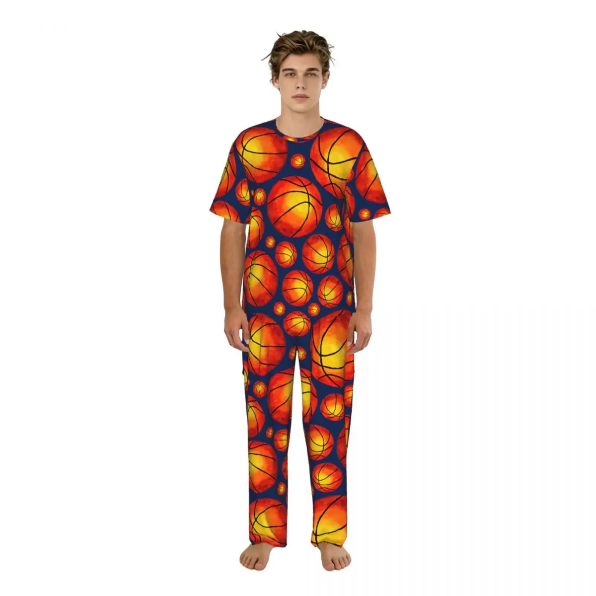 Men's Pajamas Set Summer Short-Sleeve Tops + Long Pants Nightwear Home Wear Suits Watercolor Basketball Ball Sleepwear