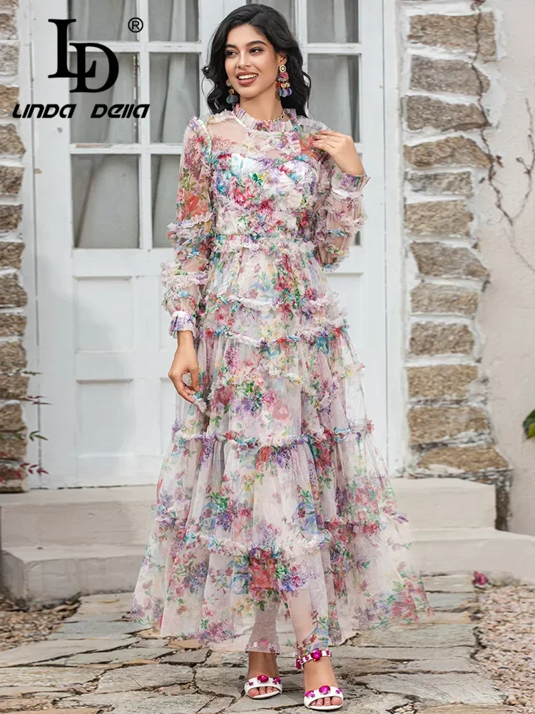 LD LINDA DELLA Summer Fashion Designer Dress Women's Long Sleeve Floral Print Ruffles Elegant Mesh Long Vacation Dress