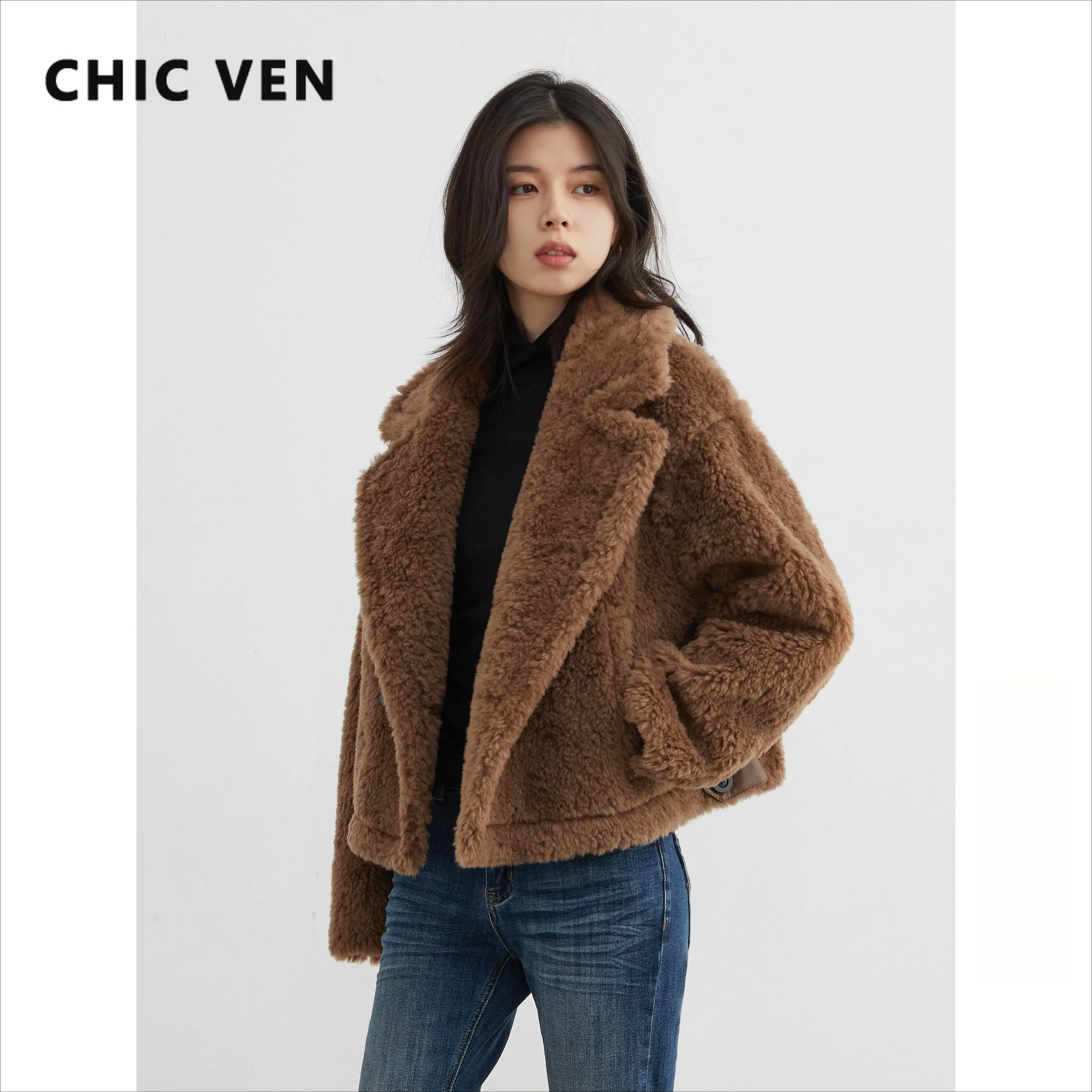 CHIC VEN Fashion Women Short Jackets Solid Streetwear Loose Casual New Retro Motorcycle Female Suede Coat Autumn Winter 2026