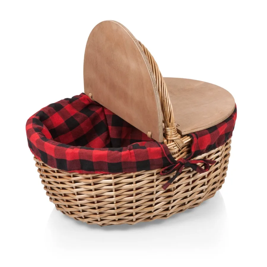 Country Vintage English-Style Wicker Picnic Basket with Split-Lid Design Red and Black Buffalo Plaid Pattern view 2