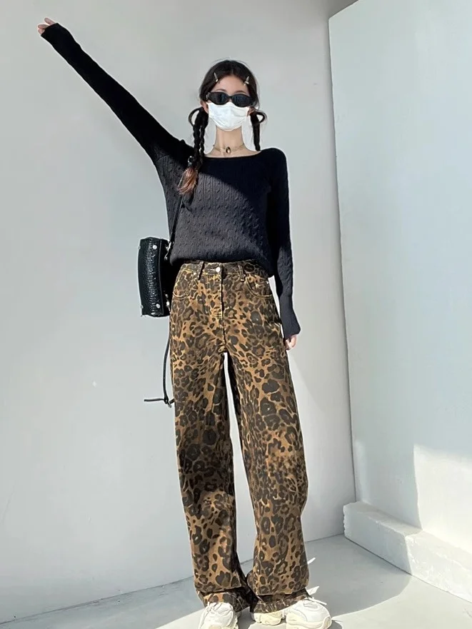 الرجعية الأمريكية فضفاضة تناسب ليوبارد طباعة الجينز عالية الخصر الجاز الرقص السراويل الطويلة للنساء الهيب هوب حار فتاة Sle