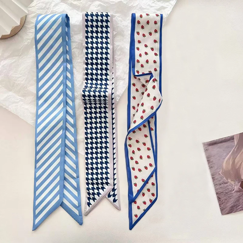 

Women Narrow Long Scarf Print Pattern Chiffon Silk Rubber Tie Black Bag Ribbon Headbands Choker Streamer Hair Band Small Scarf