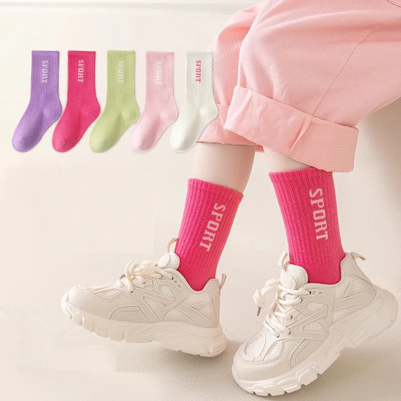 Children's Socks Cotton Girls' Mid-tube Socks Kids Candy Color Alphabet Sports Baby Student Socks  Absorbing