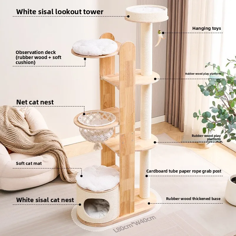 Solid Wood Cat Tree with Cat Bed for Large Cats, Compact Multi-Level Cat Tower for Small Space, Indoor Pet Furniture