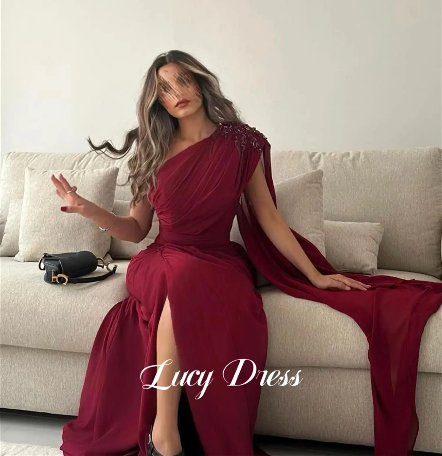 Lucy Ball Gown Graduation One Shoulder Sleeve Party Dress Claret Shawl Chiffon Eid Prom Dresses 2024 Luxury Happy Sharon