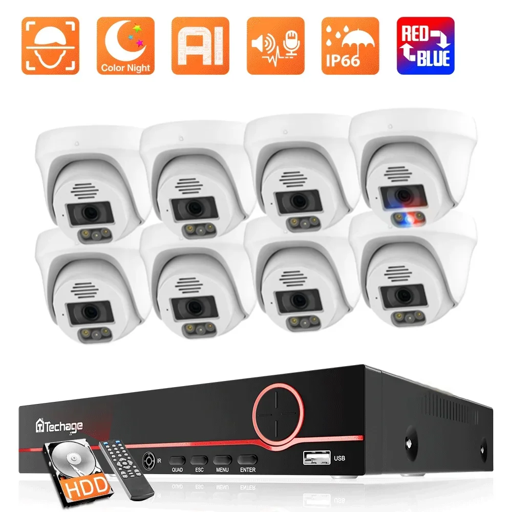 

Techage 8MP 5MP Dome Camera System Indoor POE Surveillance Security Camera NVR Set Face Detect Two-way Audio Color Night Vision