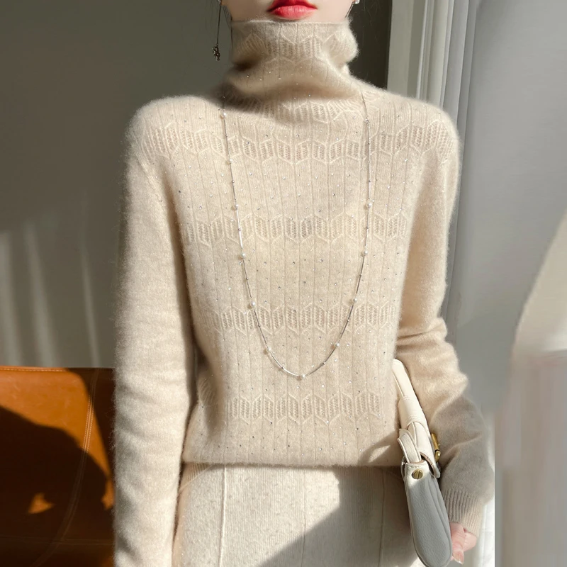 New diamond-encrusted high-necked cashmere sweater for women in autumn and winter 100 sweaters piled with collars and bottoming