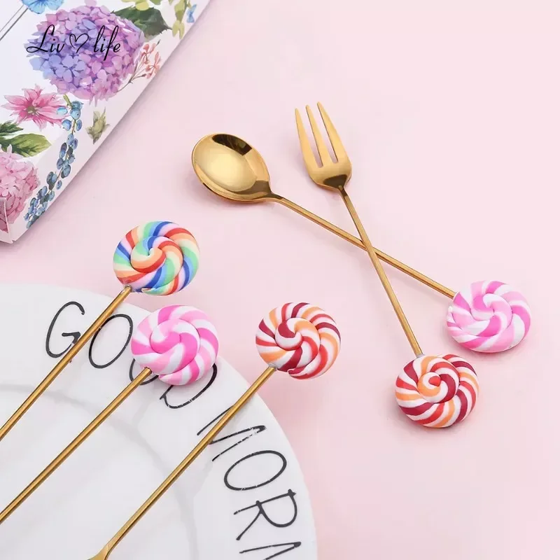 Cute Doughnut Spoon Fruit Fork Stainless Steel Cartoon Kid Spoon Donut Cake Coffee Fork Dessert Tool Teaspoon Ice Cream Stirring