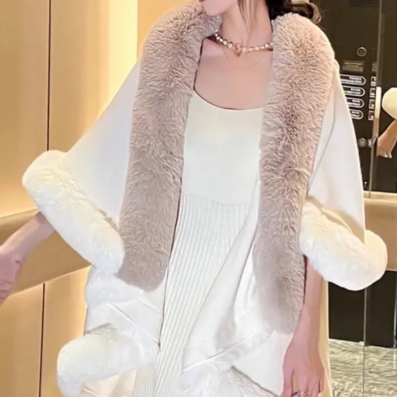 

Зимний кардиган с градиентом из искусственного кроличьего меха, теплое пончо, свободная накидка, вязаная шаль, пальто большого размера, женский двухслойный толстый плащ