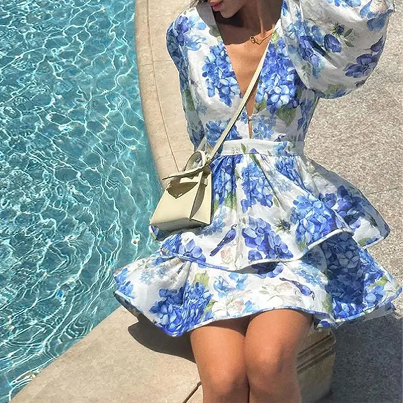 2026 Elegant Flower Print Women's Mini Dress Summer Autumn Chic V-neck Puff Sleeve Ruffle Mini Dress French Sweet Bohemia Robe