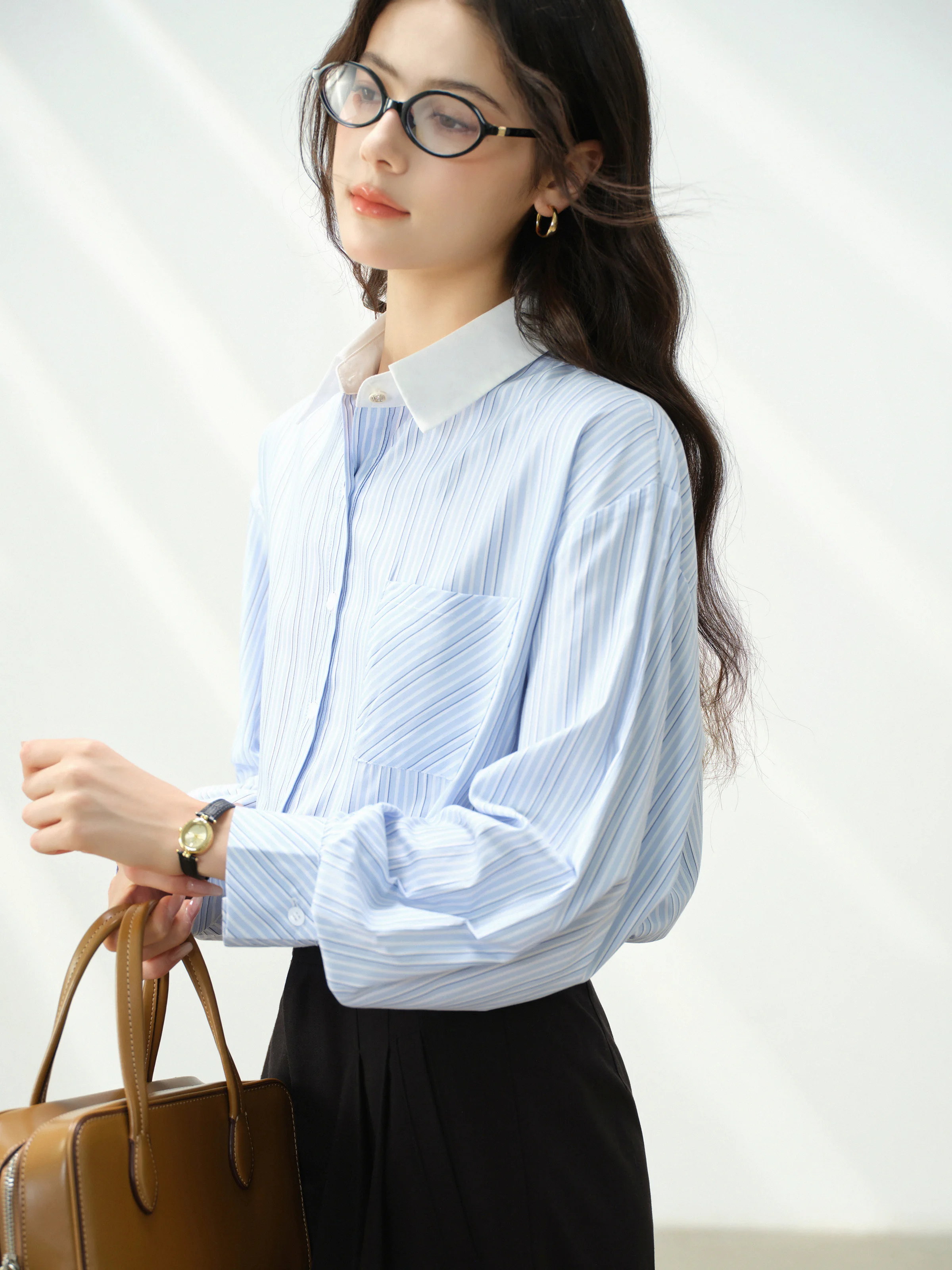 Striped Shirt Women Elegant Loose Blouse Color Block Collar Office Top Autumn Slimming Professional Commuter Button Down Shirt