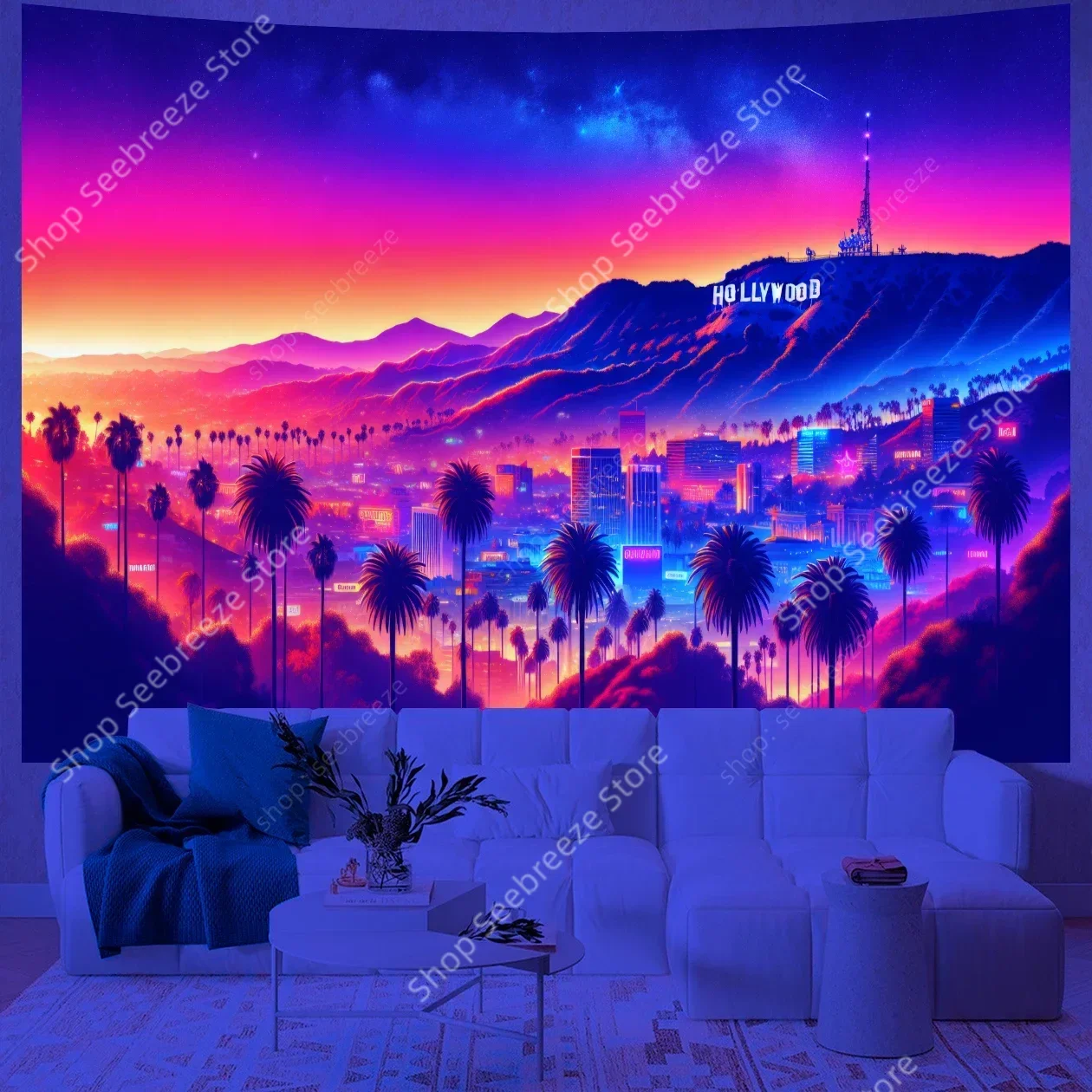 Sunset Vibe UV Reactive Tapestry Wall Hanging Neon Backdrop Aesthetic Room Decor Gothic Home Decor Picnic Carpet Gift for Friend