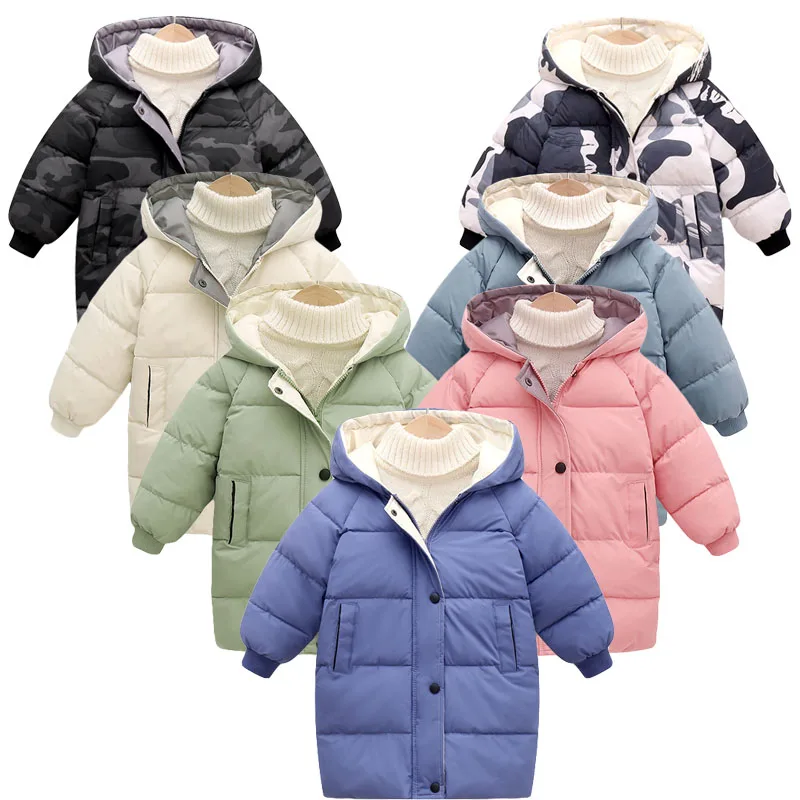 2023 New Winter Kids Down Jacket Boys Girls Solid Mid-Length Warm Coat Cold Protection Hooded Cotton Windbreaker Outerwear 3-10Y