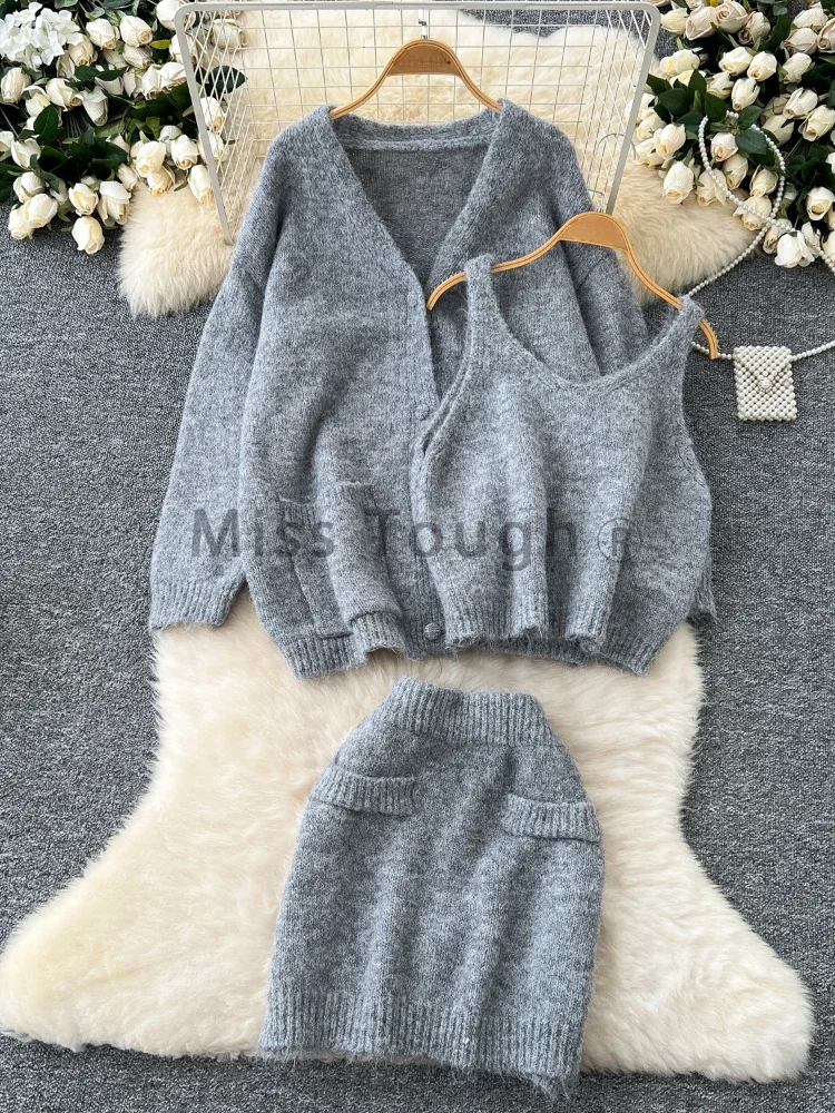 Autumn Fashion Sweet Knitted 3 Piece Set Women Sling Vest+Long Sleeves Cardigan+Sweater Female Skirt Solid Casual Chic Suits New