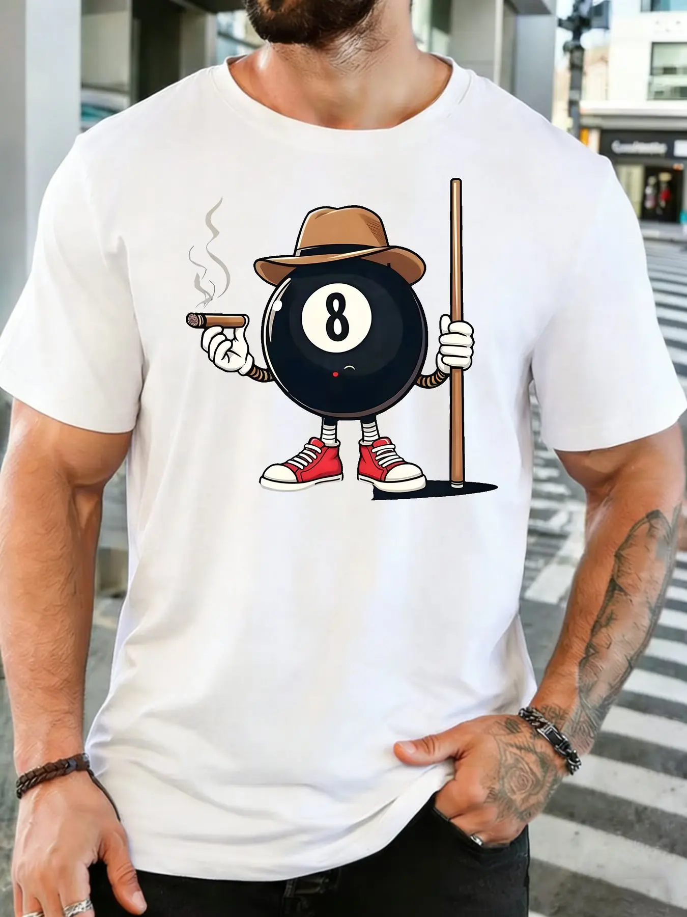 Cool Cartoon Eight Ball Billiards Character Graphic Mens Crew Neck Short Sleeve Cotton T Shirt Pool Sport Print Male Casual Tee