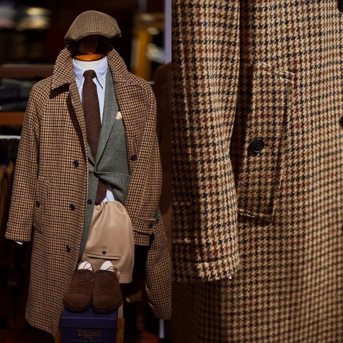 Classic Brown Houndstooth Tweed Overcoat with Flap Pockets and Double Breasted Front Men Vintage Long Coat Customized E2645