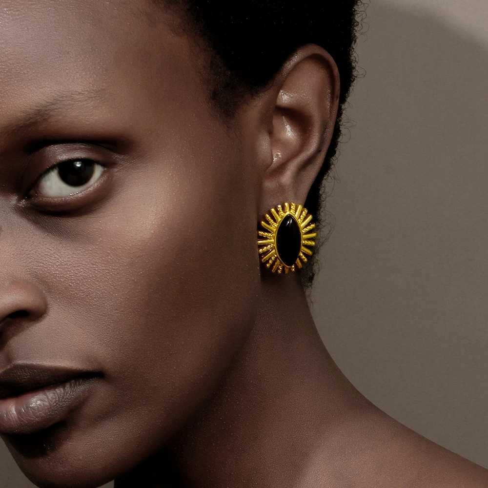 E.B.belle Black Agate Eye Earring Natural Stone Stainless Steel 18K Gold Plated Fashion Jewelry For Women  High Quality Charm