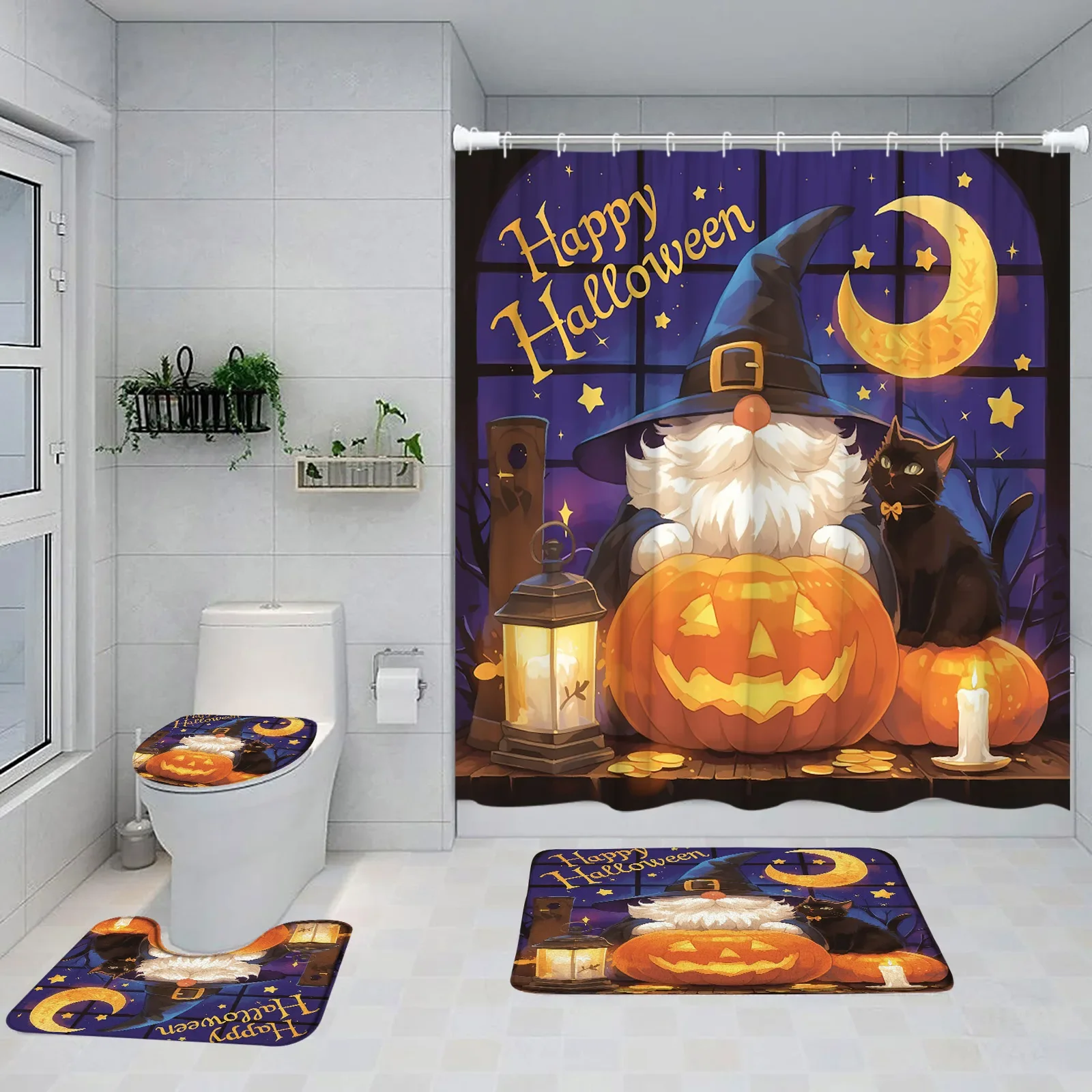 Happy Halloween Shower Curtain Set Black Cats Evil Pumpkins Zombie Graveyard Full Moon Horror Night Bathtub Mat Toilet Lid Cover