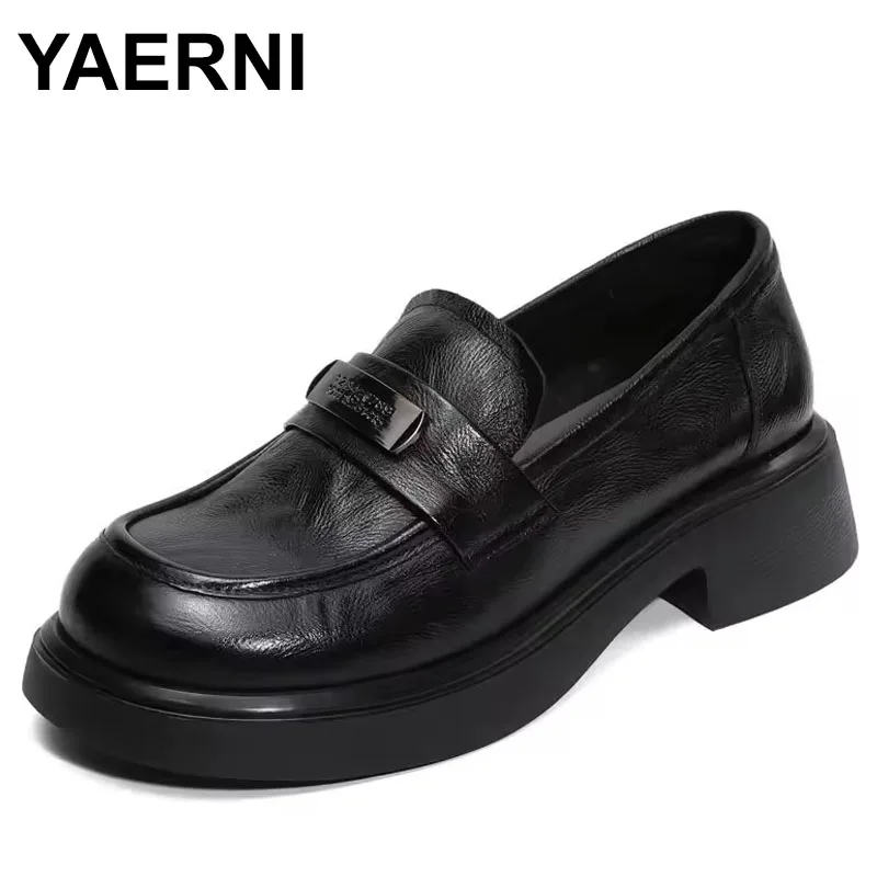 

Genuine Cow Leather Slip On Loafers Women Thick Heel Casual Shoes British Style Metal Chunky Platform Shoes