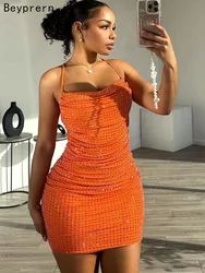 Beyprern Women Orange Backless Hot Drill Spaghetti Strap Wapped Skirt Ruched Bodycon Cami Mini Dress Glam Sequins Party Dresses