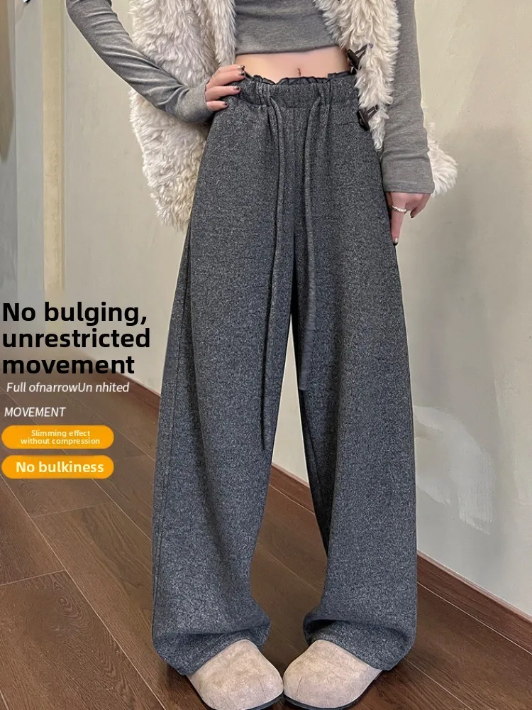 Damskie zimowe ocieplane spodnie z szerokimi nogawkami, codzienne spodnie o prostym kroju, z wysokim stanem, elastycznym pasem, z włókna poliestrowego.