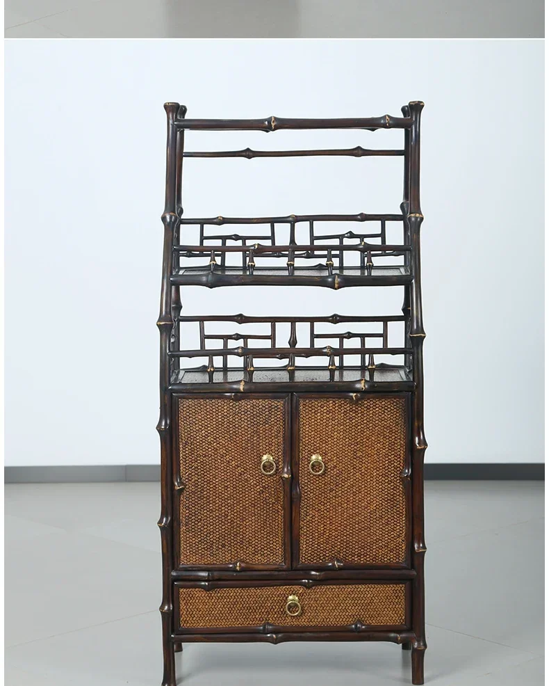 Yjq Handmade Bamboo Book Shelves Floor-Standing Rack Hallway Chinese Antique and Curio Shelves Tea Set Storage Cabinet