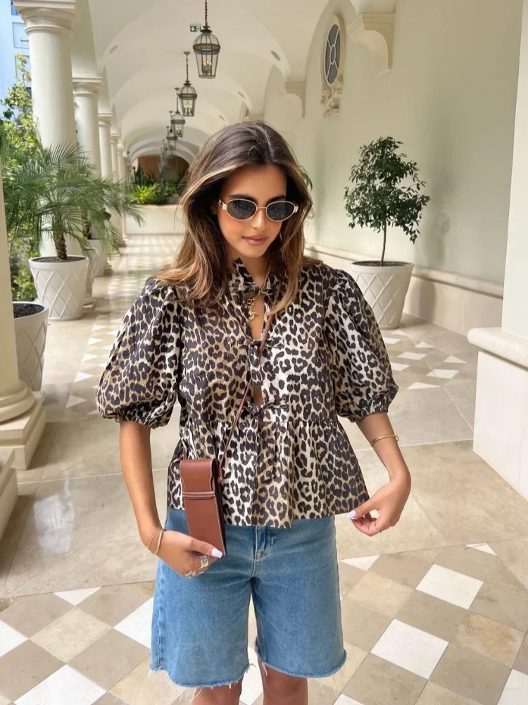 Women Fashion Leopard Print Lace Up Crop T-shirt Casual Short Sleeve Round Neck Loose Thin Tops Lady Spring Highstreet Outwear