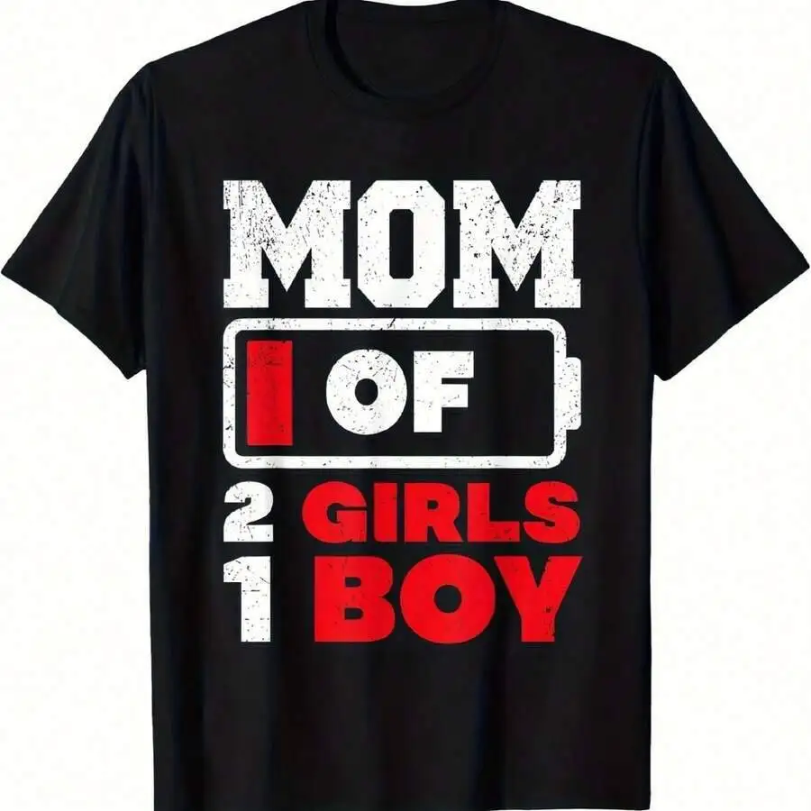 Interesting Two Women One Male Mother-Low Warning Pattern With Red Battery Icon White Text-Casual Round Neck Short Sleeve Creative, Unique Prints, Comfortable, Soft, Holiday Gift, Personalized