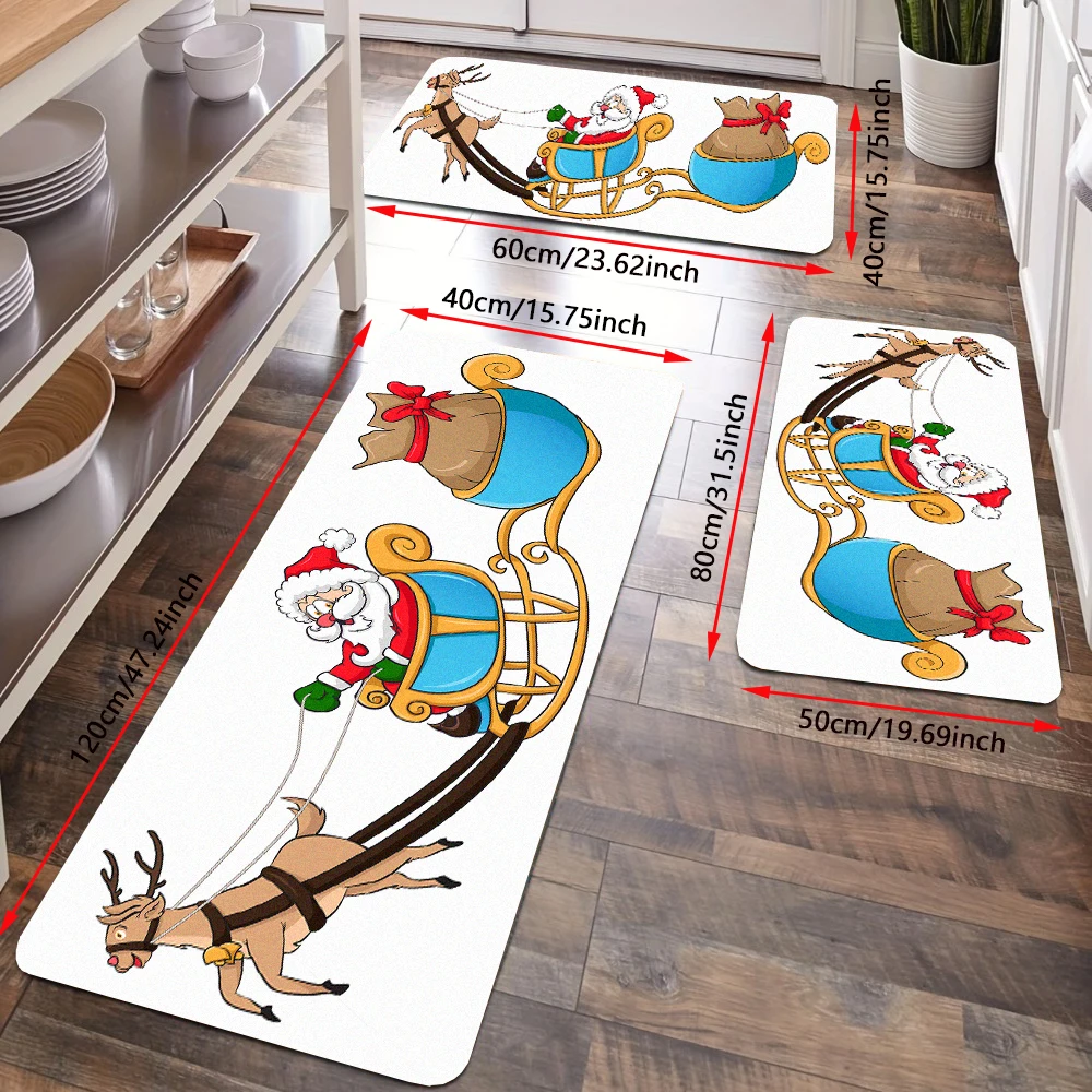 Santa Claus Sleigh Reindeer Kitchen Floor Rug Set Cartoon Xmas Christmas New Year Gift Doormat Non Slip Bath Mat Bathroom Carpet