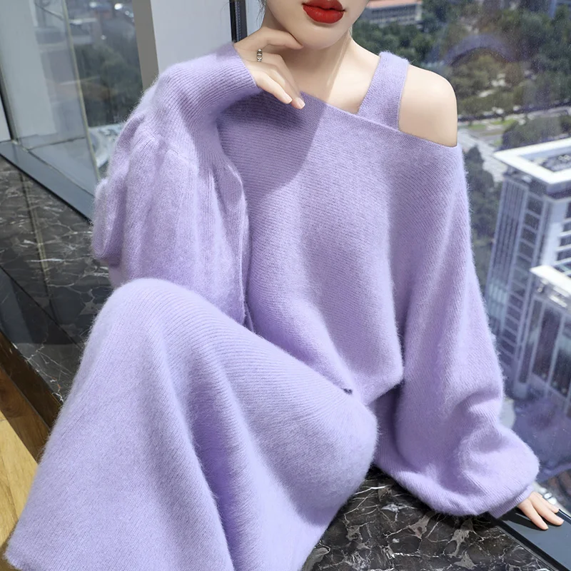 

2025 New 100% Mink Cashmere Winter Two-Piece Set For Women, One Shoulder Knitted Pullover Top, Fashionable Slim Fit Bottom dress