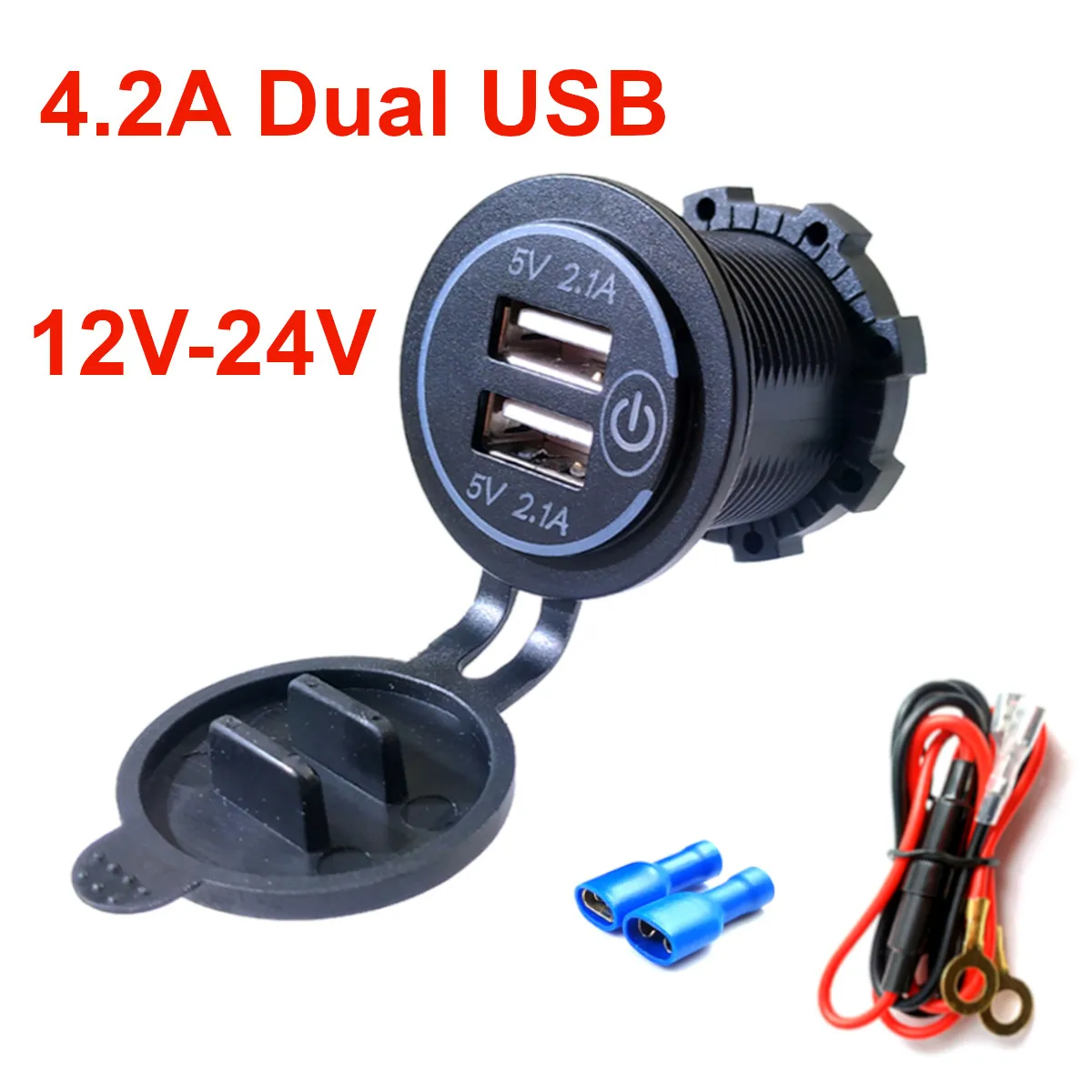 4.2A Dual USB Charger Socket Fast Charging Power Outlet Adapter with Touch Switch Waterproof for Car Motorcycle Truck RV Boat