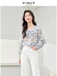 Vimly French Style Ruffled V-neck Printed Chiffon Shirt 2024 Spring Elegant Loose Lyocell Women Blouses Long Sleeve Top M5961