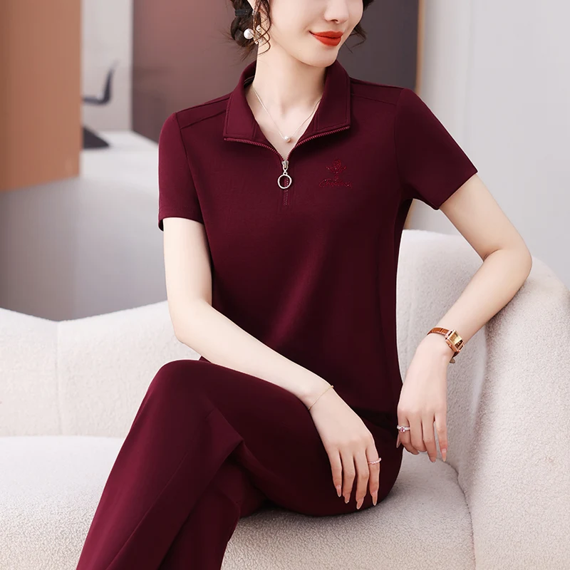 

Faionable Sportswear Set for Women Summer New Arrival ort Sve T-irt Casual Loose Fit Long Pants Age-Defng Ensemble