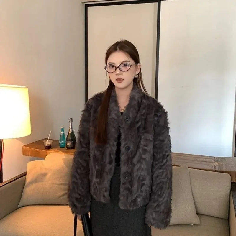Women Winter Short Stand Collar Faux Fur Coat Cropped Versatile Furry Outerwear
