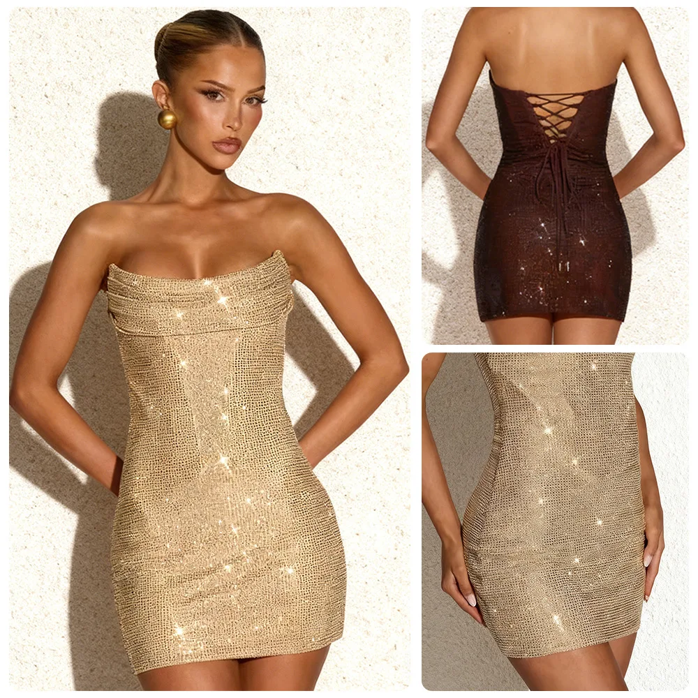 

Spring Summer New Champagne Sequined Women Party Evening Dress Sexy Off Shoulder Strapless Female Hip Hugging Dresses