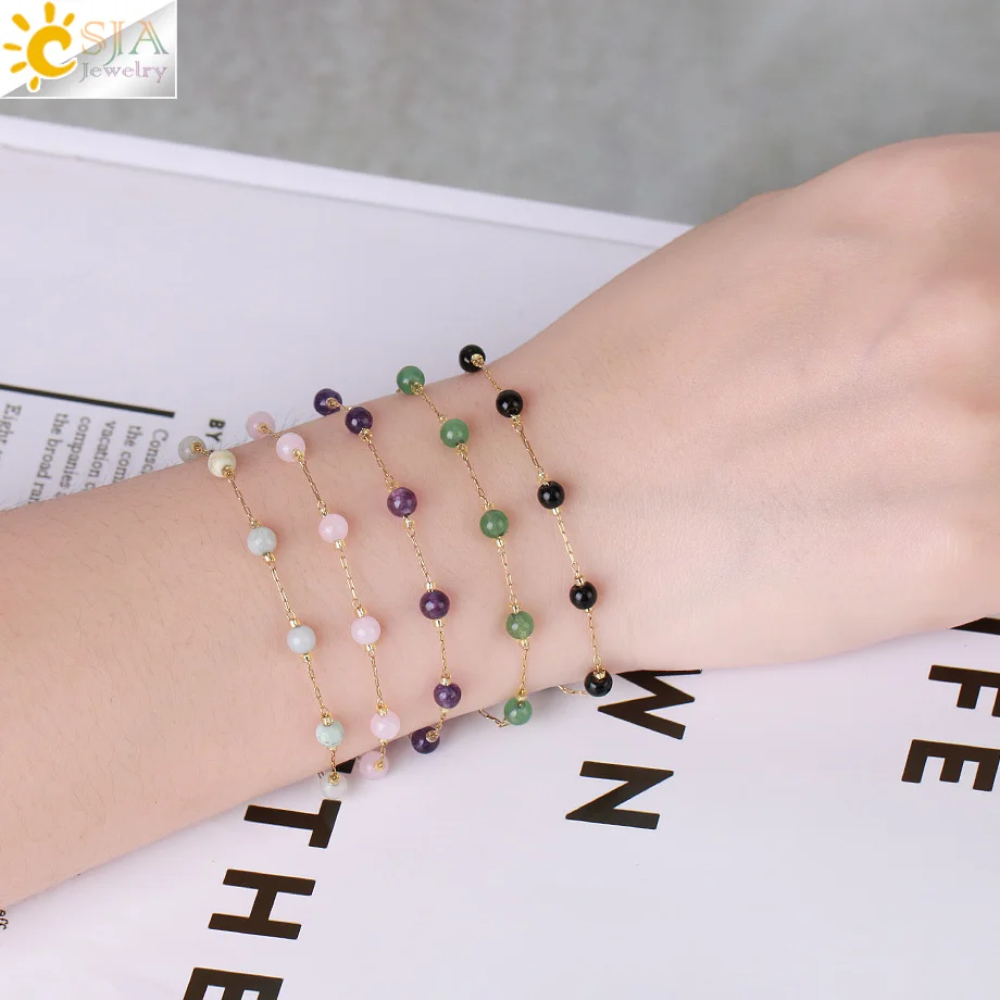 CSJA Natural Stone Crystal Beaded Bracelet Gold Color Stainless Steel Bracelet for Women Thin Link Chain Luxe Femme Jewelry G908