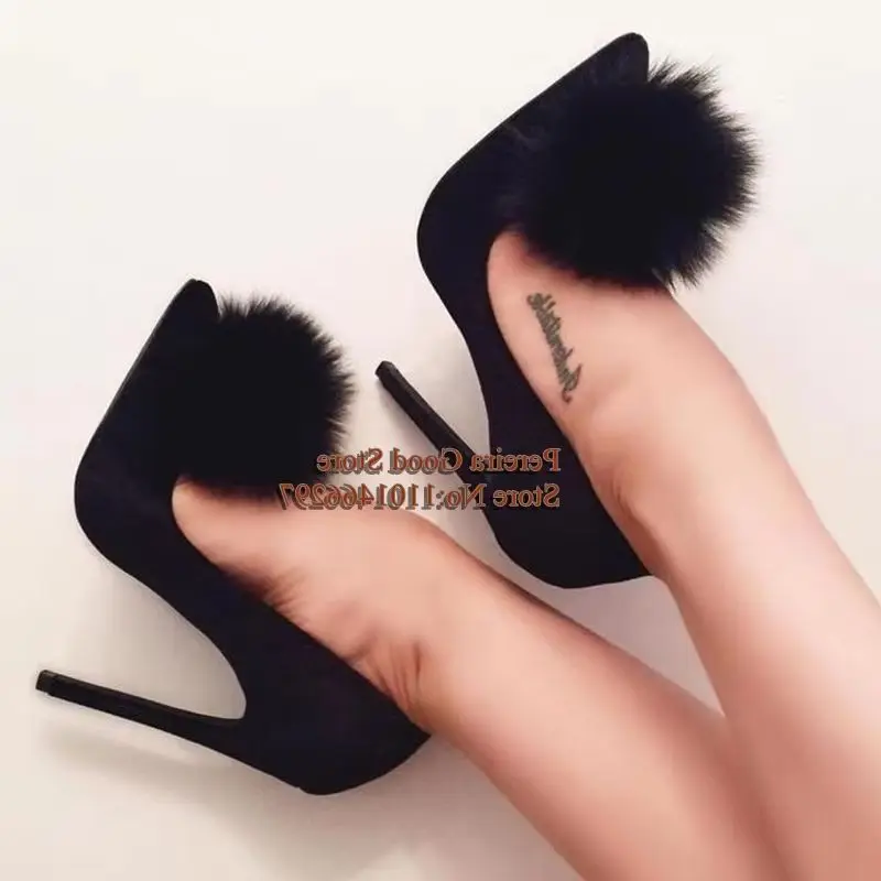 

Concise Green Velvet Slip On Shallow Thin Heels Modern Runway Shoes Red Black Pointed Toe Pom Pom High Heel Women Shoes