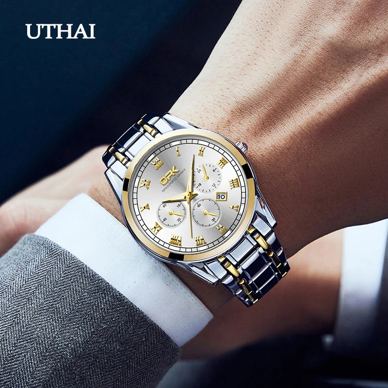 UTHAI CQ288 Новые деловые мужские часы с ремешком из нержавеющей стали, водонепроницаемые HD светящиеся кварцевые часы, роскошные часы в подарок